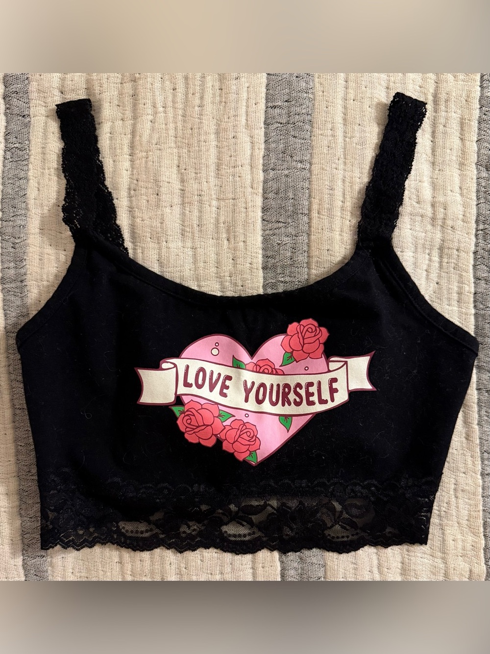 Lace-Trim “Love Yourself” Heart Graphic Crop Bralette
